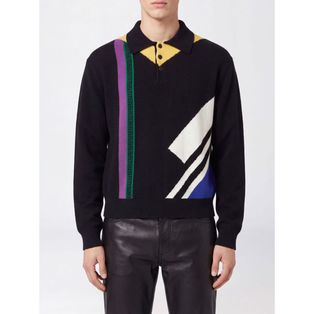 Versace Men Versace Geometric Pattern Long-Sleeved Wool Knit Polo